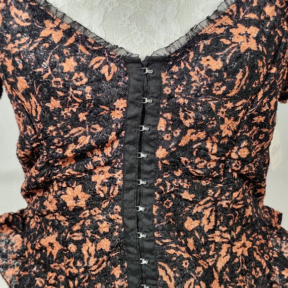 Free People Black Orange Floral Lace Corset Top Puff Sleeve Ruched Peplum Size L - Picture 3 of 8